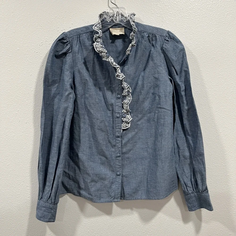 Sézane Chlo Blue Chambray Denim Lace Eyelet Embroidered‎ Shirt Size EU 34
